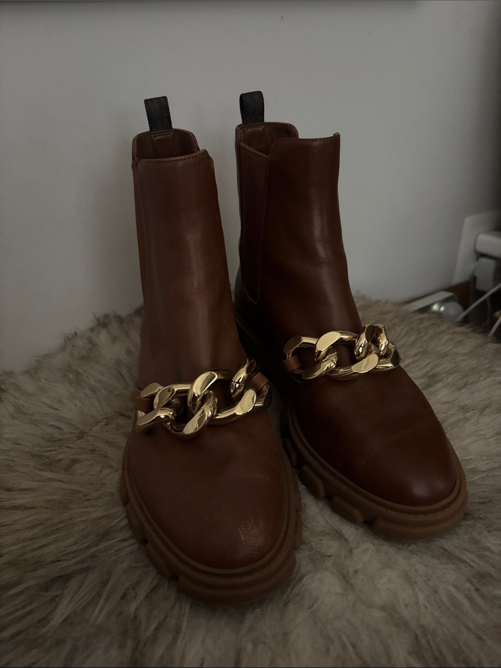 Michael Kors Brown Leather Chelsea Boots with Gold Chain Detail